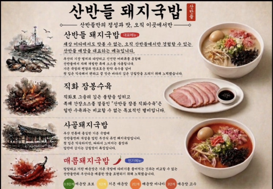 대표메뉴 산반들 돼지국밥, 직화 잠봉수육, 사골돼지국밥, 매콤돼지국밥 4종을 소개하는 안내 포스터