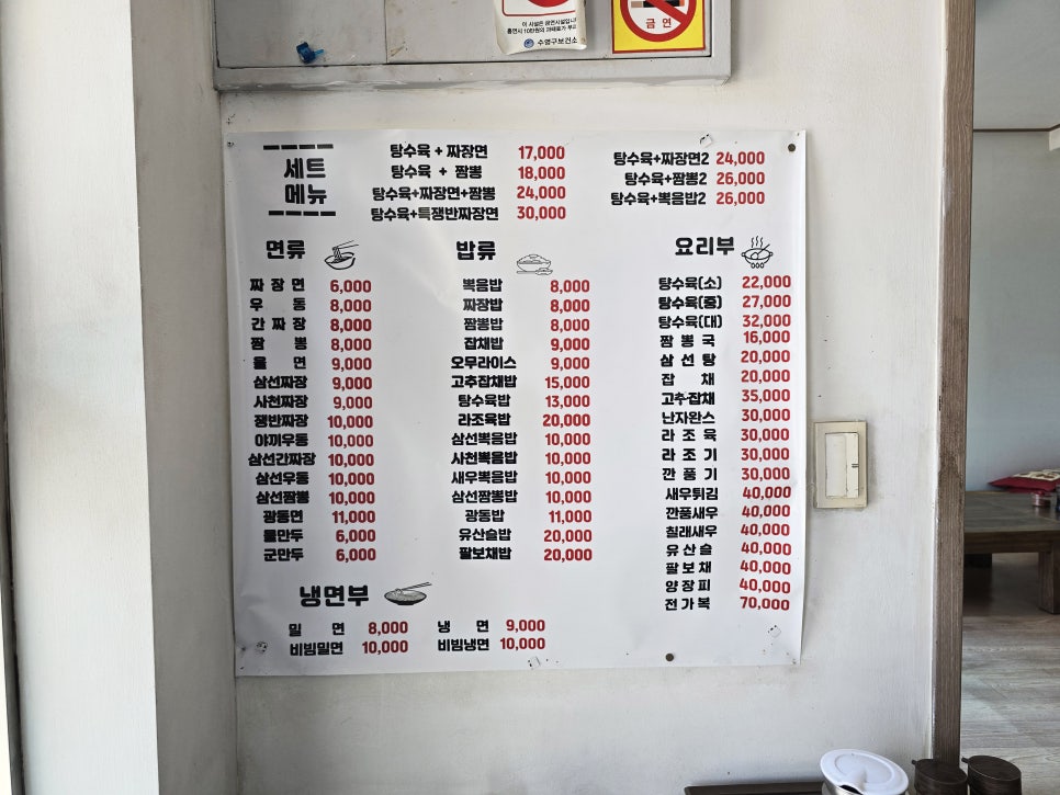 가게에 붙어 있는 메뉴판. 짜장면 6,000원, 간짜장·짬뽕 8,000원, 탕수육(소) 22,000원 등이 세트 메뉴와 함께 적혀 있습니다. (촬영 시점 기준, 방문 전 확인을 권합니다)