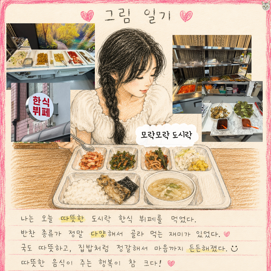 방문자가 남긴 감성 다이어리. 반찬 종류가 다양하고 국이 따뜻하다는 후기가 담겨 있습니다.