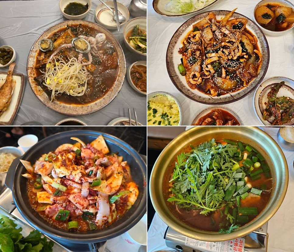 코다리마을 상차림. 조림·볶음 종류의 메인 요리에 밑반찬까지 푸짐하게 올라옵니다.