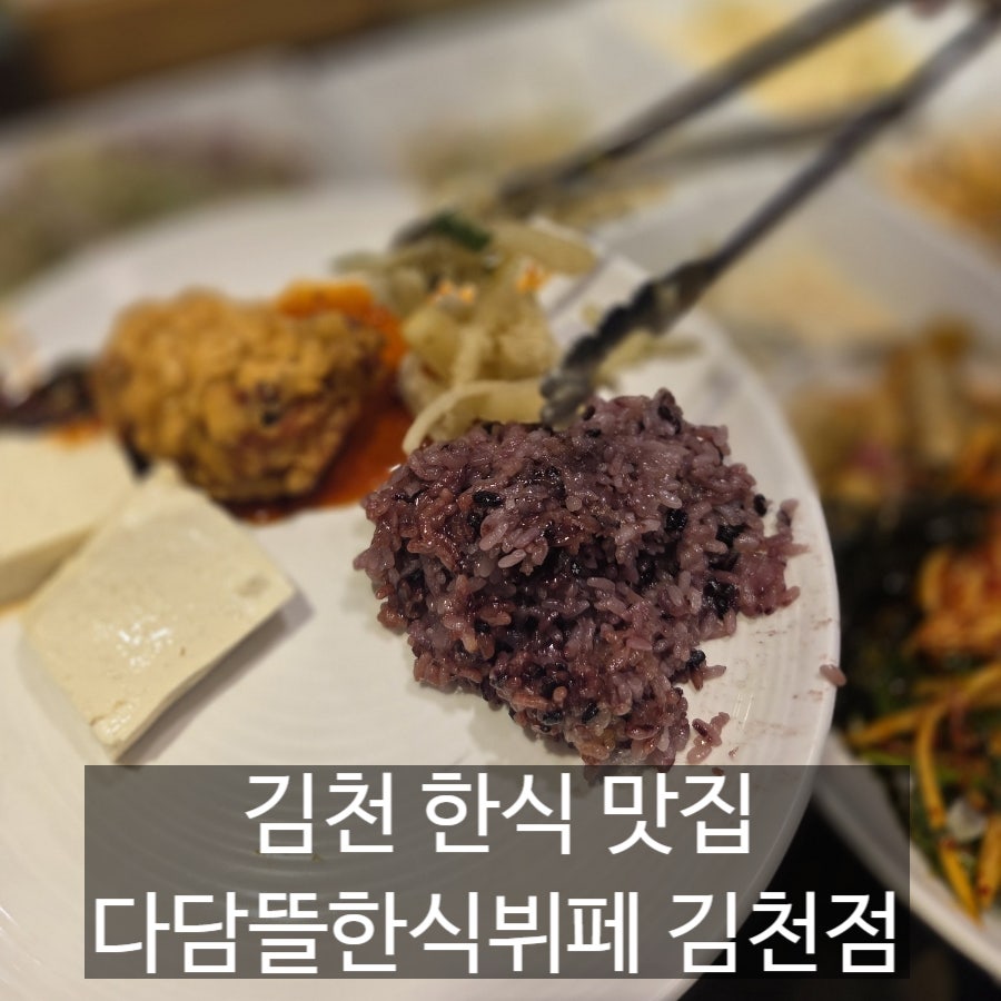 치킨과 흑미밥, 나물 등을 담은 한 접시. 바삭한 튀김옷의 치킨이 특히 인기가 많습니다.