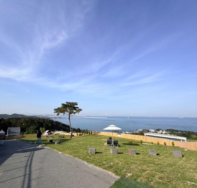아워사이드 앞 잔디마당과 바다 전망
