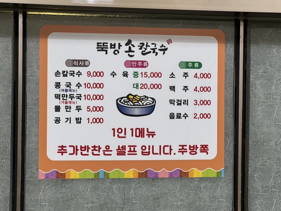 매장 벽에 걸린 메뉴판. 손칼국수 9,000원, 콩국수·떡만두국 각 10,000원, 물만두 5,000원, 공기밥 1,000원, 수육 중 15,000원·대 20,000원까지 가격이 한눈에 보입니다. '1인 1메뉴'이며 추가 반찬은 주방 쪽에서 셀프로 가져다 먹는 방식이라는 안내도 함께 붙어 있어요.