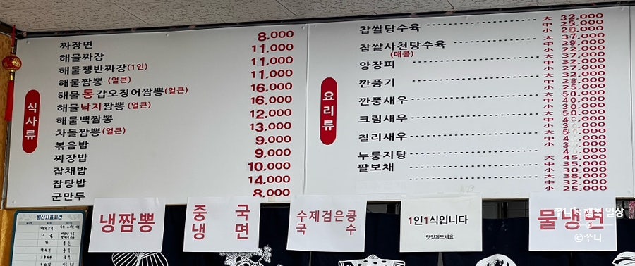 매장 메뉴판. 짜장면부터 각종 짬뽕, 탕수육 등 요리류까지 갖추고 있습니다.